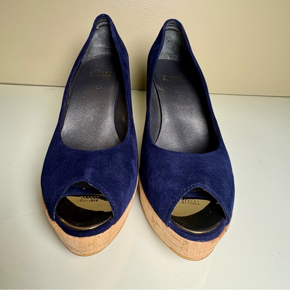 Stuart Weitzman Anna blue suede peep-toe platform cork wedge pumps Size 7.5 - Picture 6 of 9